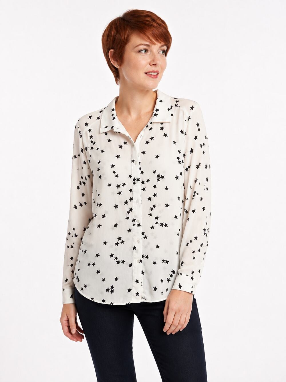 B204 Lucky Brand Star Print Button Front Blouse White Black Medium